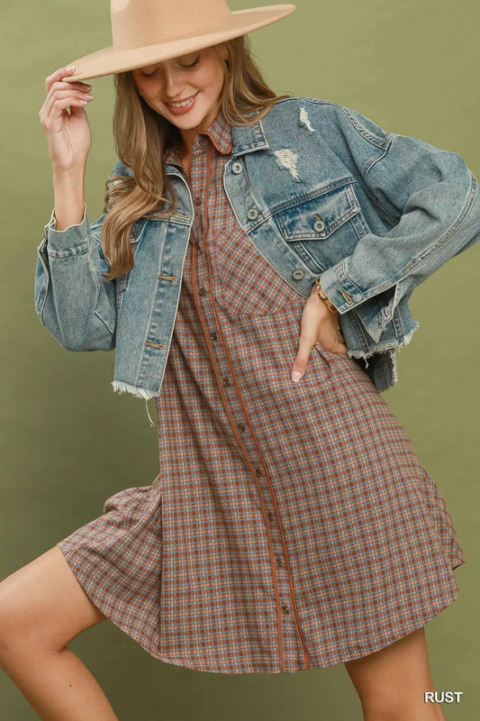UMGEE Rust Plaid Button Down Oversized Shirt Dress