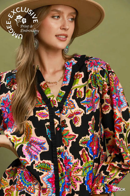UMGEE Black Mixed Floral Print Button Down Blouse