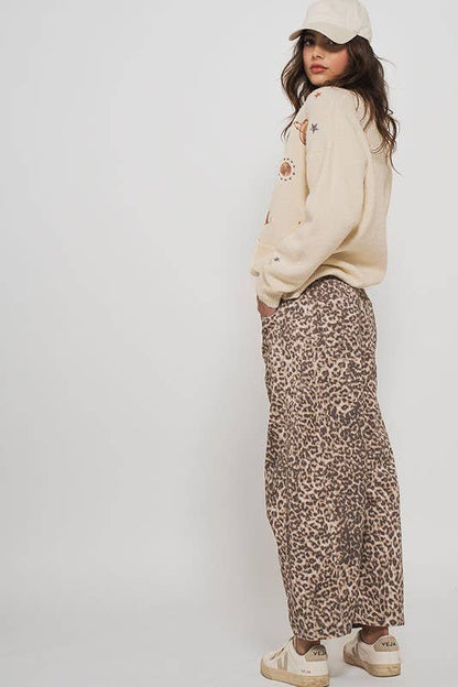 Leopard Print Stitch Detail Barrel Jeans