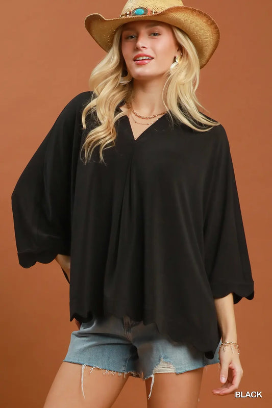 UMGEE Black Oversized Collared Top with Scalloped Hem Detail