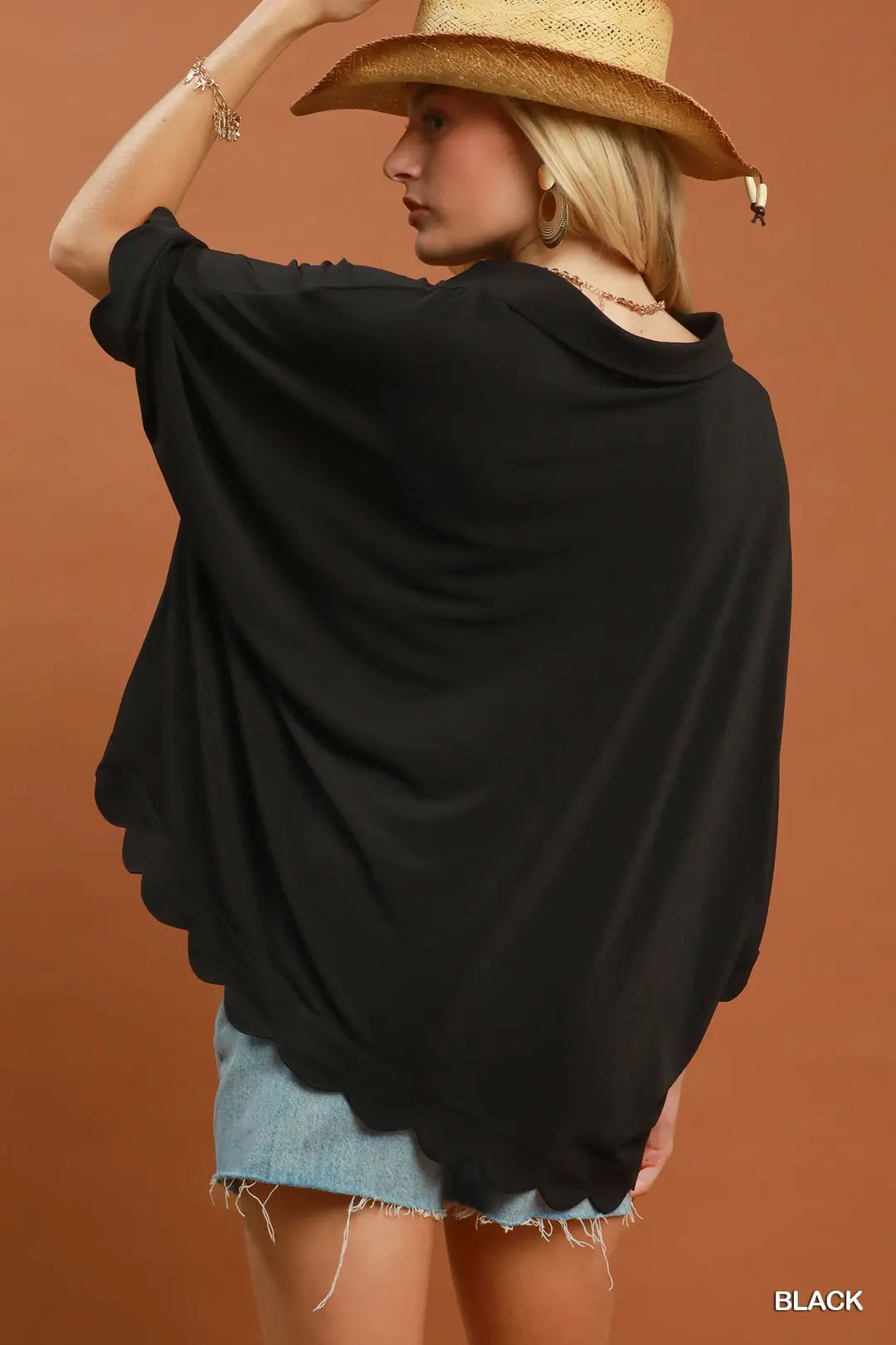 UMGEE Black Oversized Collared Top with Scalloped Hem Detail