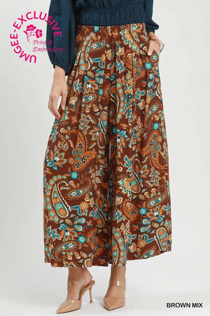 UMGEE Brown Mix Paisley Print Embroidered Wide Leg Pants