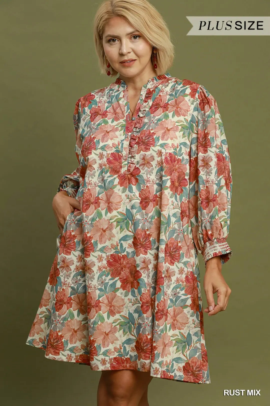 UMGEE Rust Mix Floral Print Smocked Cuff Mini Dress