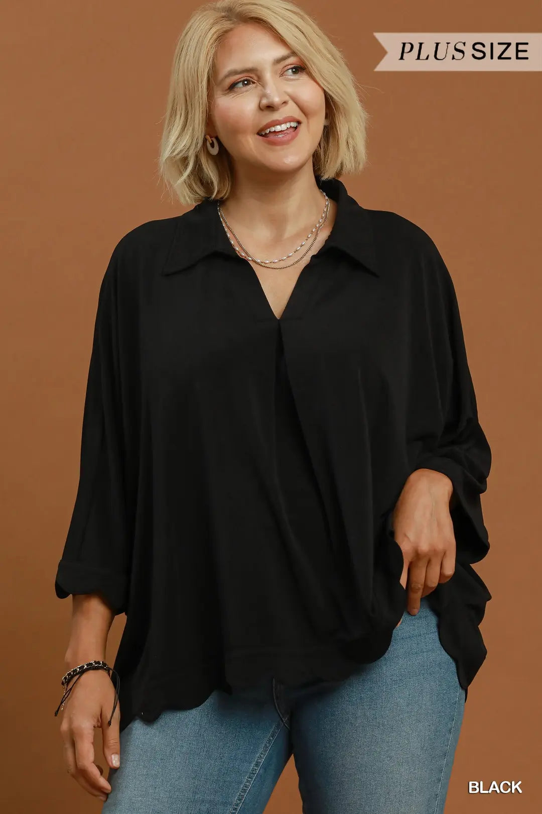 UMGEE Black Oversized Collared Top with Scalloped Hem Detail