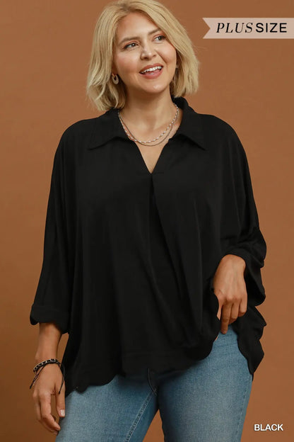 UMGEE Black Oversized Collared Top with Scalloped Hem Detail
