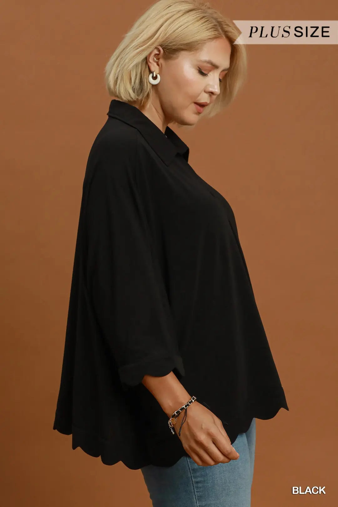 UMGEE Black Oversized Collared Top with Scalloped Hem Detail