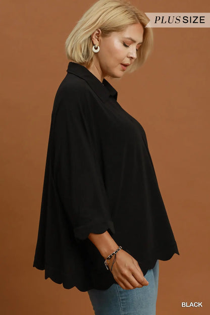 UMGEE Black Oversized Collared Top with Scalloped Hem Detail