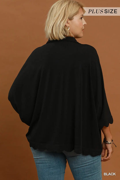 UMGEE Black Oversized Collared Top with Scalloped Hem Detail