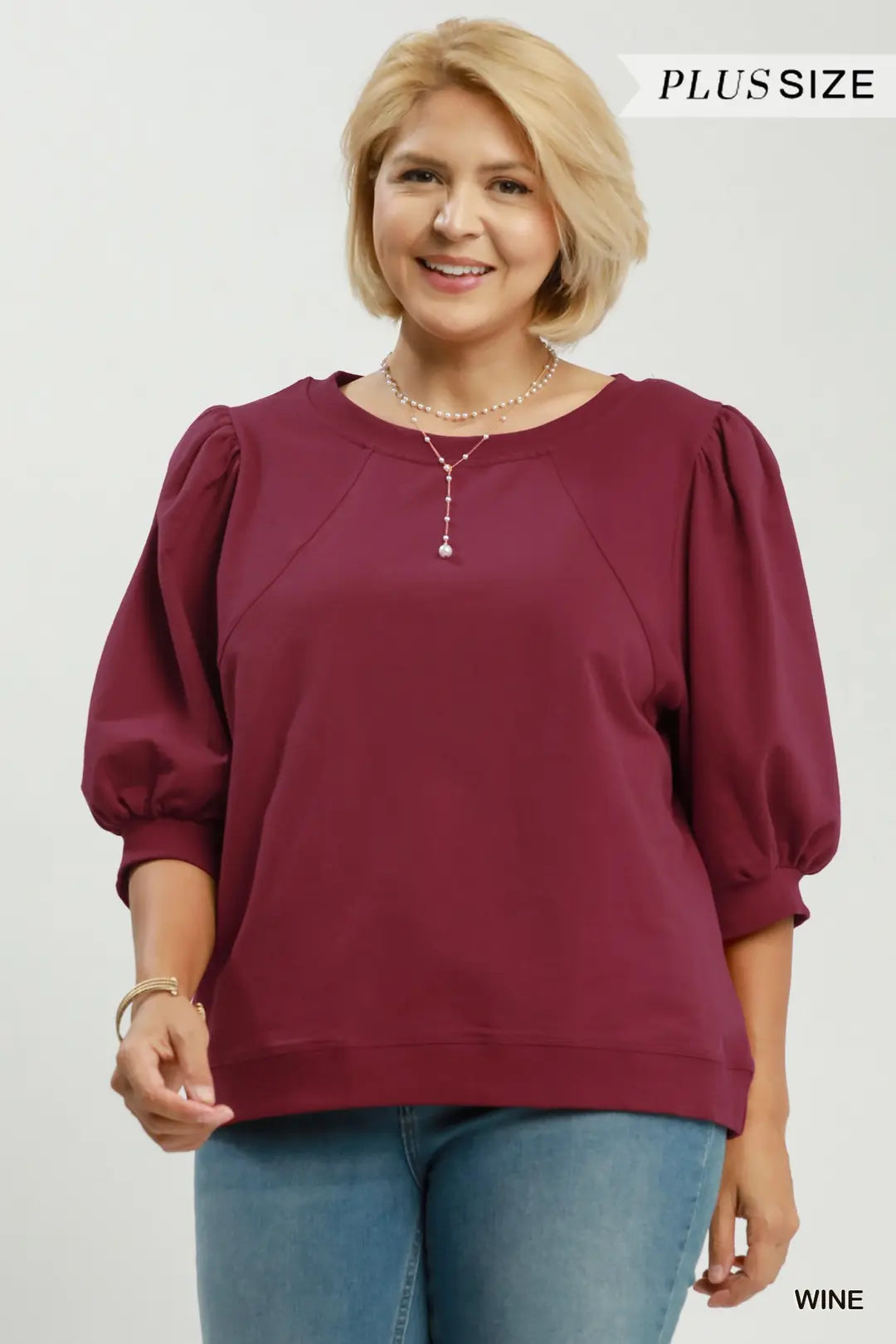 UMGEE Wine Puff Sleeve Pullover Sweatshirt Top