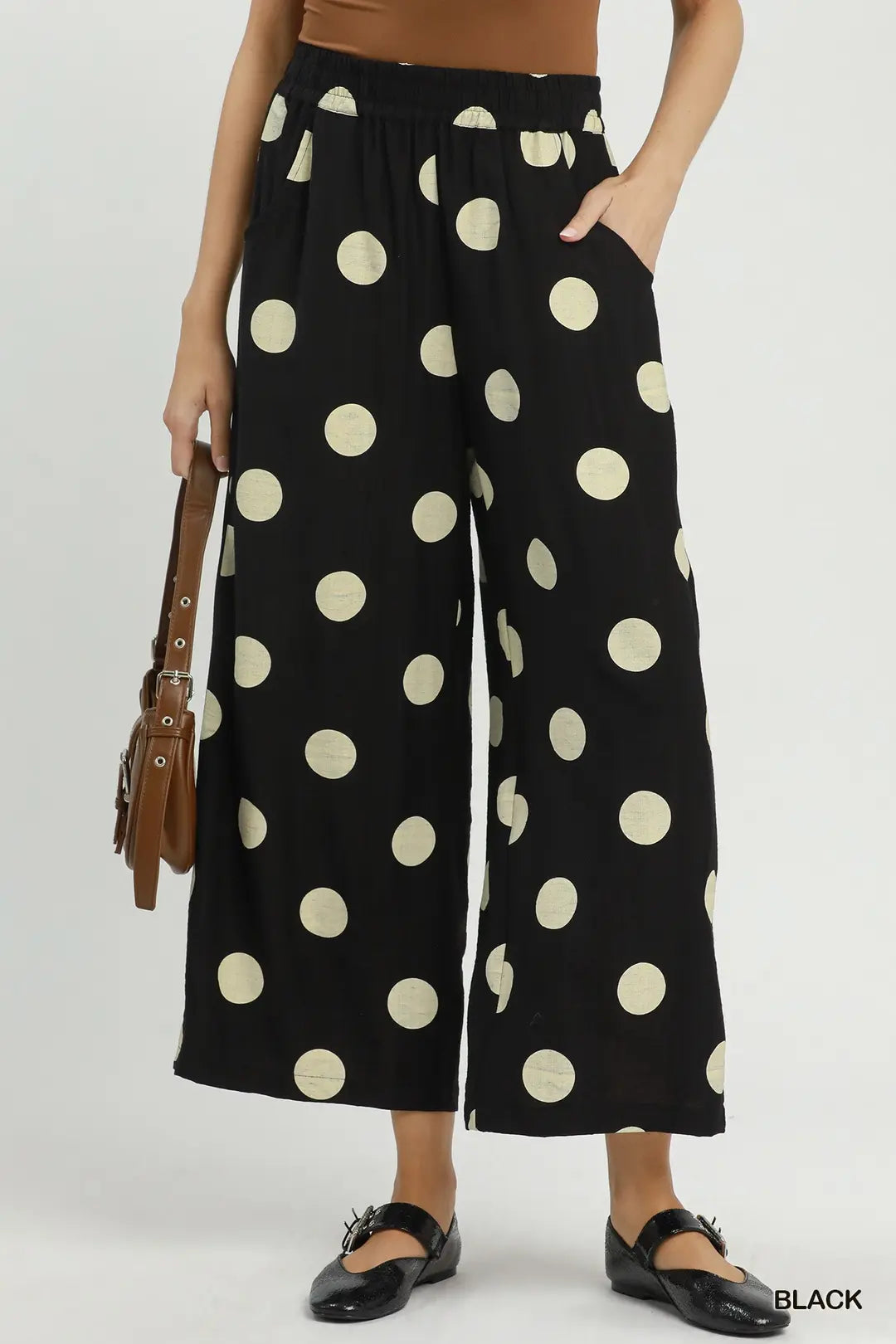 UMGEE Black Polka Dot Wide Leg Crop Pants with Pockets