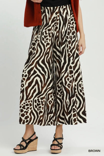 UMGEE Brown Mixed Animal Print Wide Leg Pants