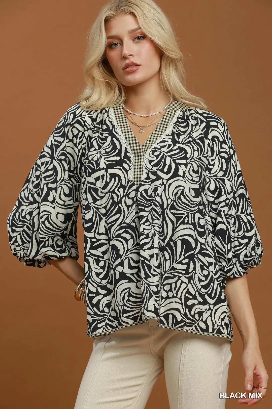 UMGEE Black Mix Abstract Print Balloon Sleeve Blouse