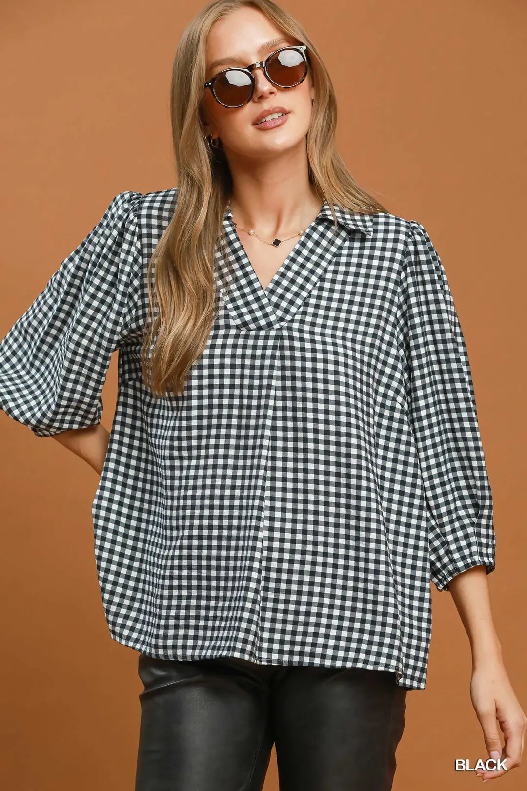 UMGEE Black Gingham Check Collared Puff Sleeve Blouse