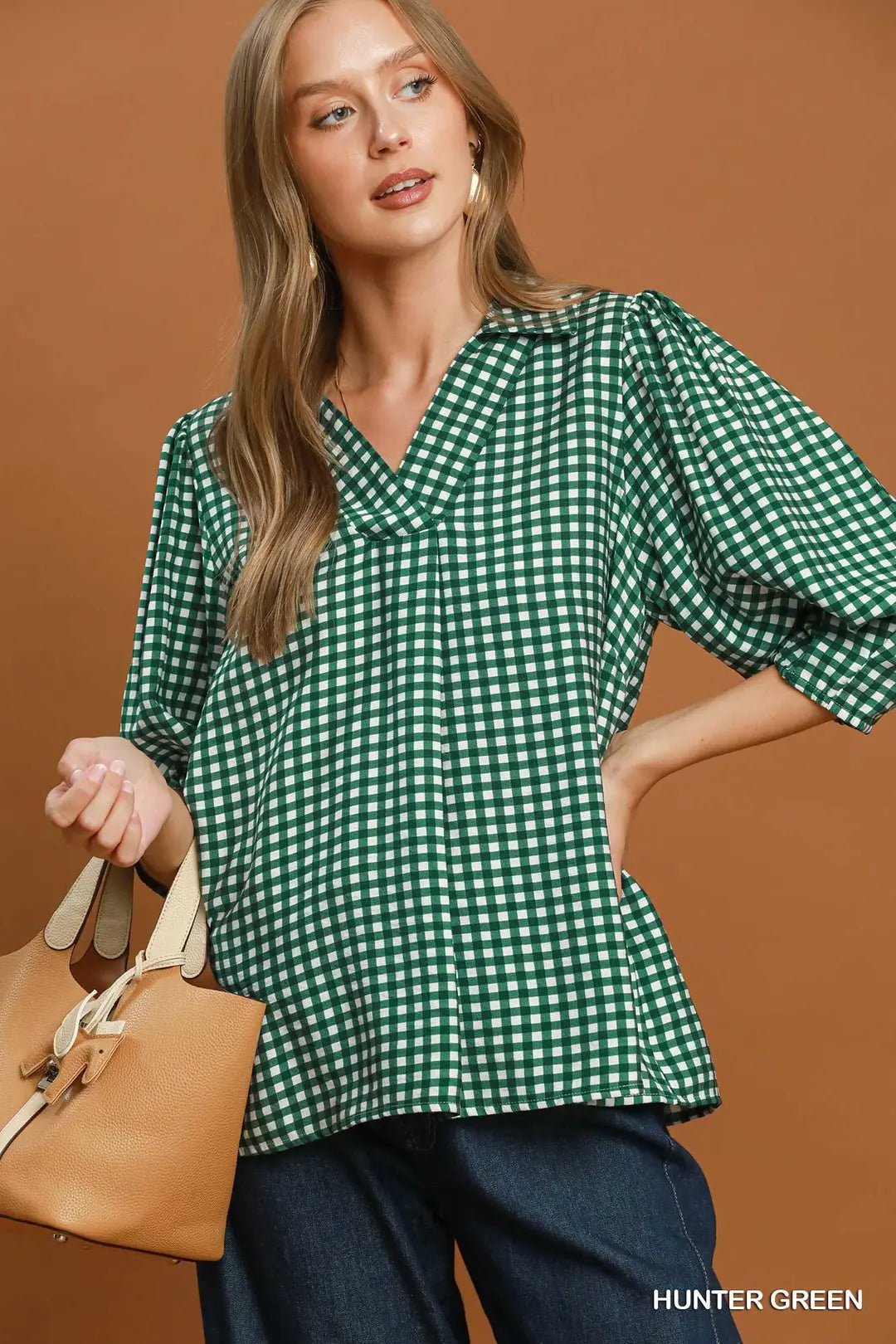 UMGEE Hunter Green Gingham Check Collared Puff Sleeve Blouse