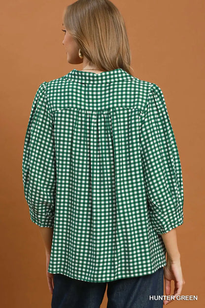 UMGEE Hunter Green Gingham Check Collared Puff Sleeve Blouse