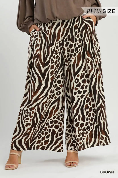 UMGEE Brown Mixed Animal Print Wide Leg Pants