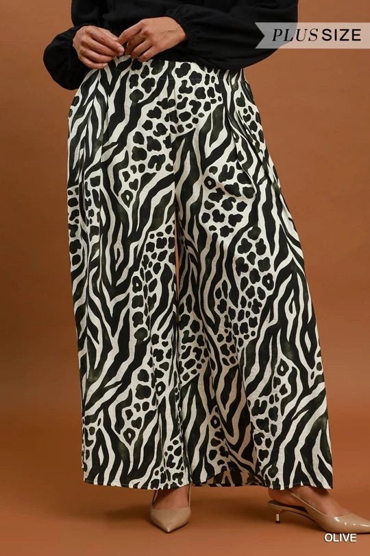 UMGEE Olive Mixed Animal Print Wide Leg Pants
