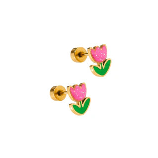LINNY CO Flat Back Screwback Stud Earrings Tulip Pink