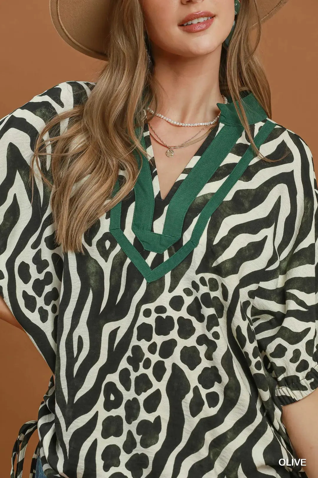 UMGEE Olive Mixed Animal Print Drawstring Tunic Top