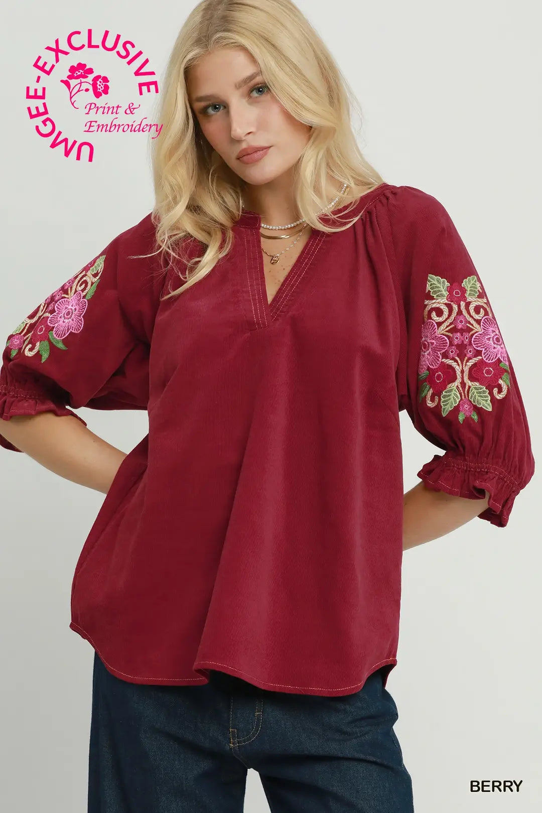 UMGEE Berry Embroidered Sleeve Corduroy Blouse