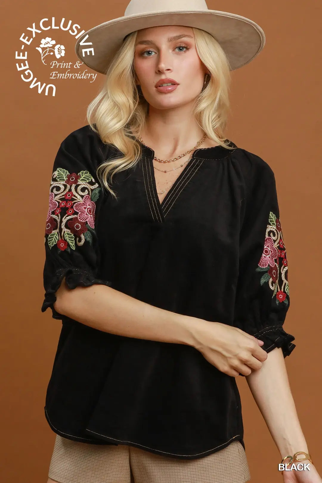 UMGEE Black Embroidered Sleeve Corduroy Blouse