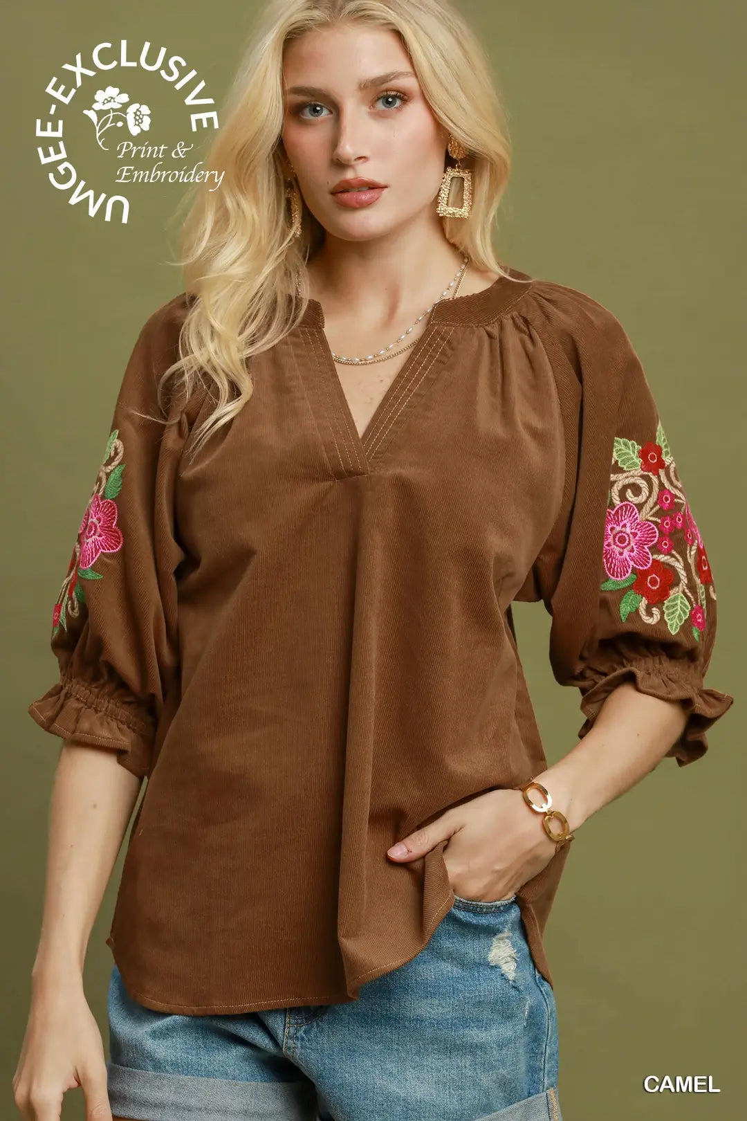UMGEE Camel Embroidered Sleeve Corduroy Blouse