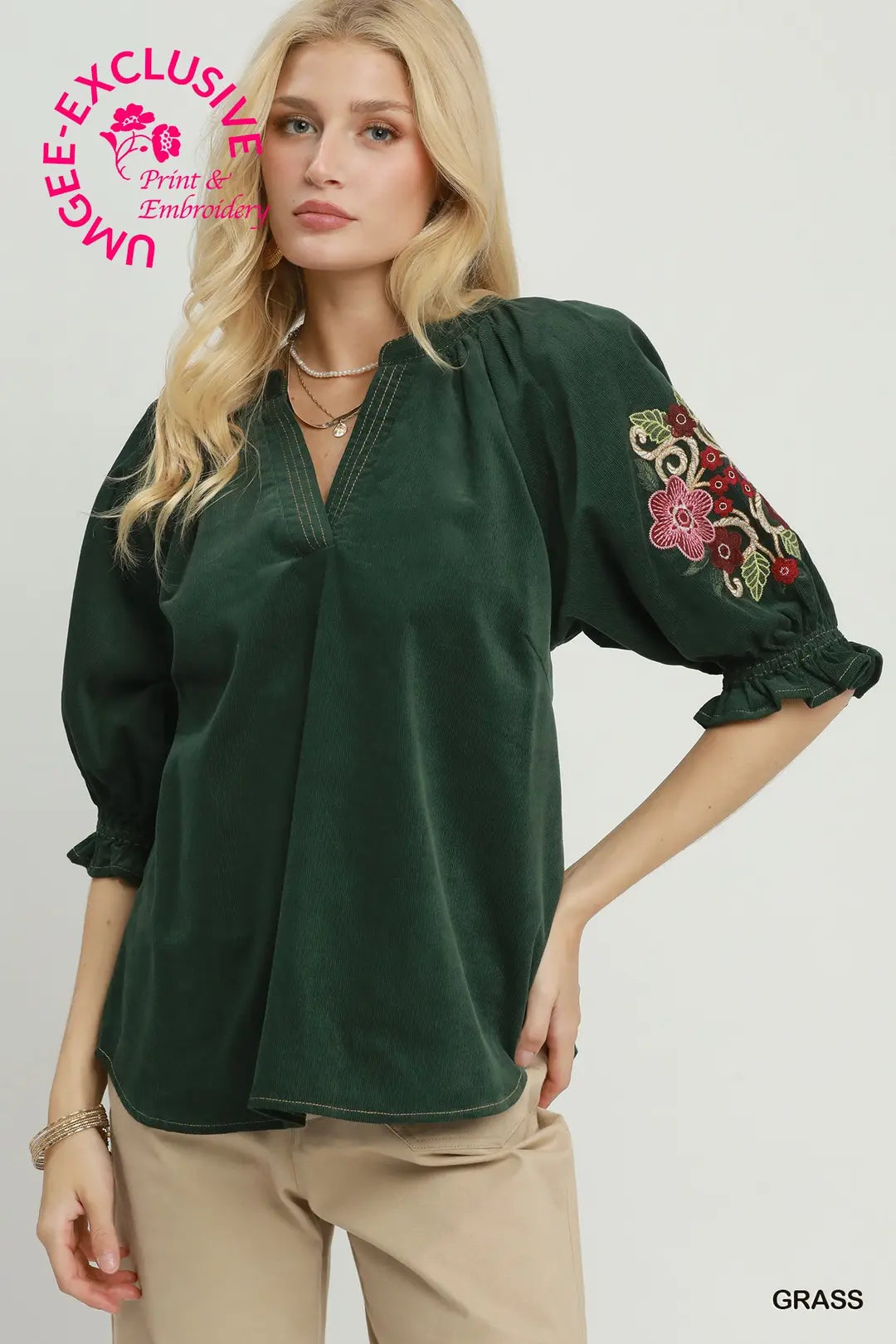 UMGEE Grass Embroidered Sleeve Corduroy Blouse