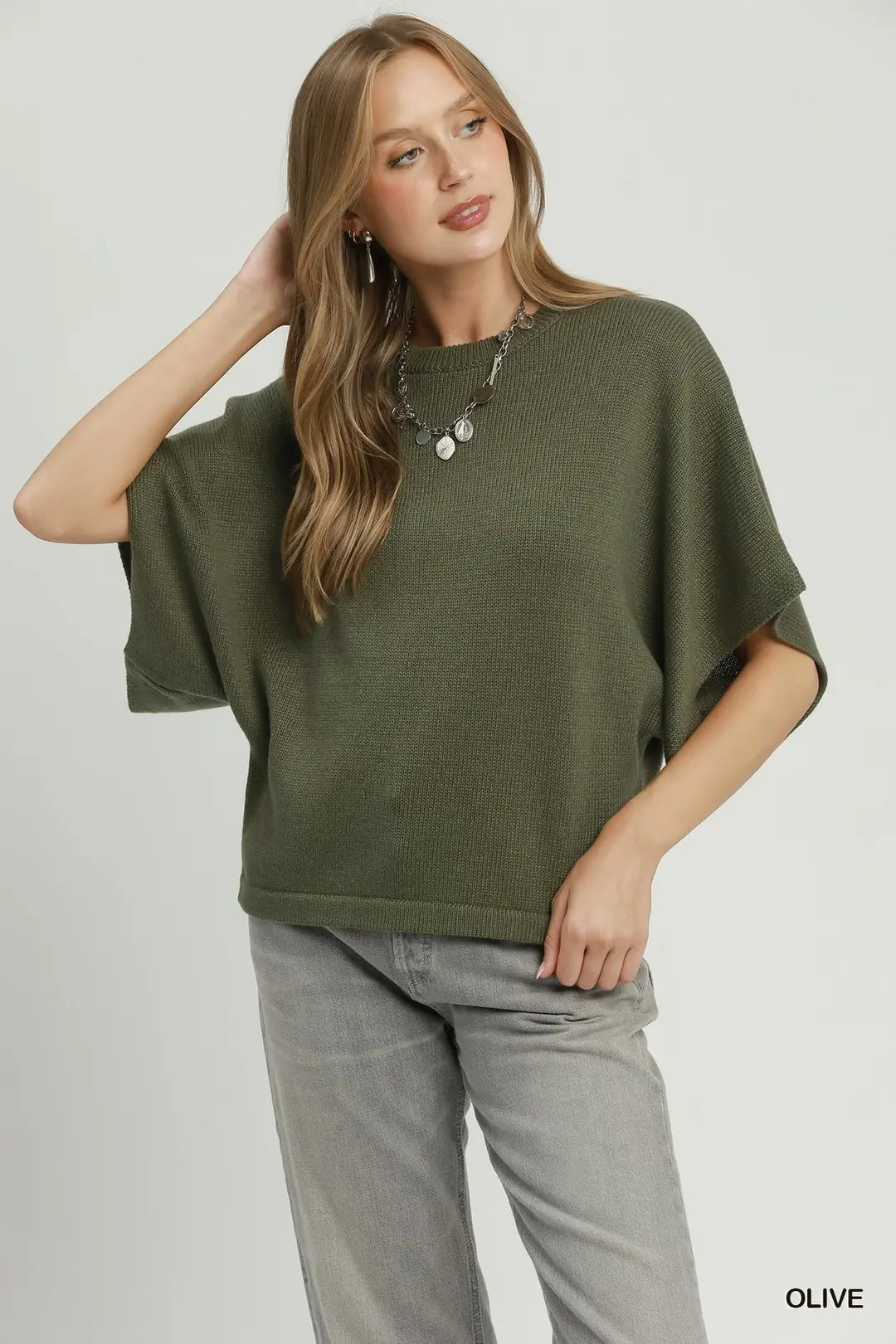 UMGEE Olive Oversized Short-Sleeve Poncho Sweater