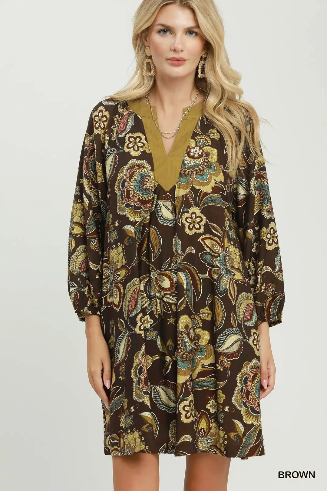 UMGEE Brown Floral Paisley Split Neck Mini Dress
