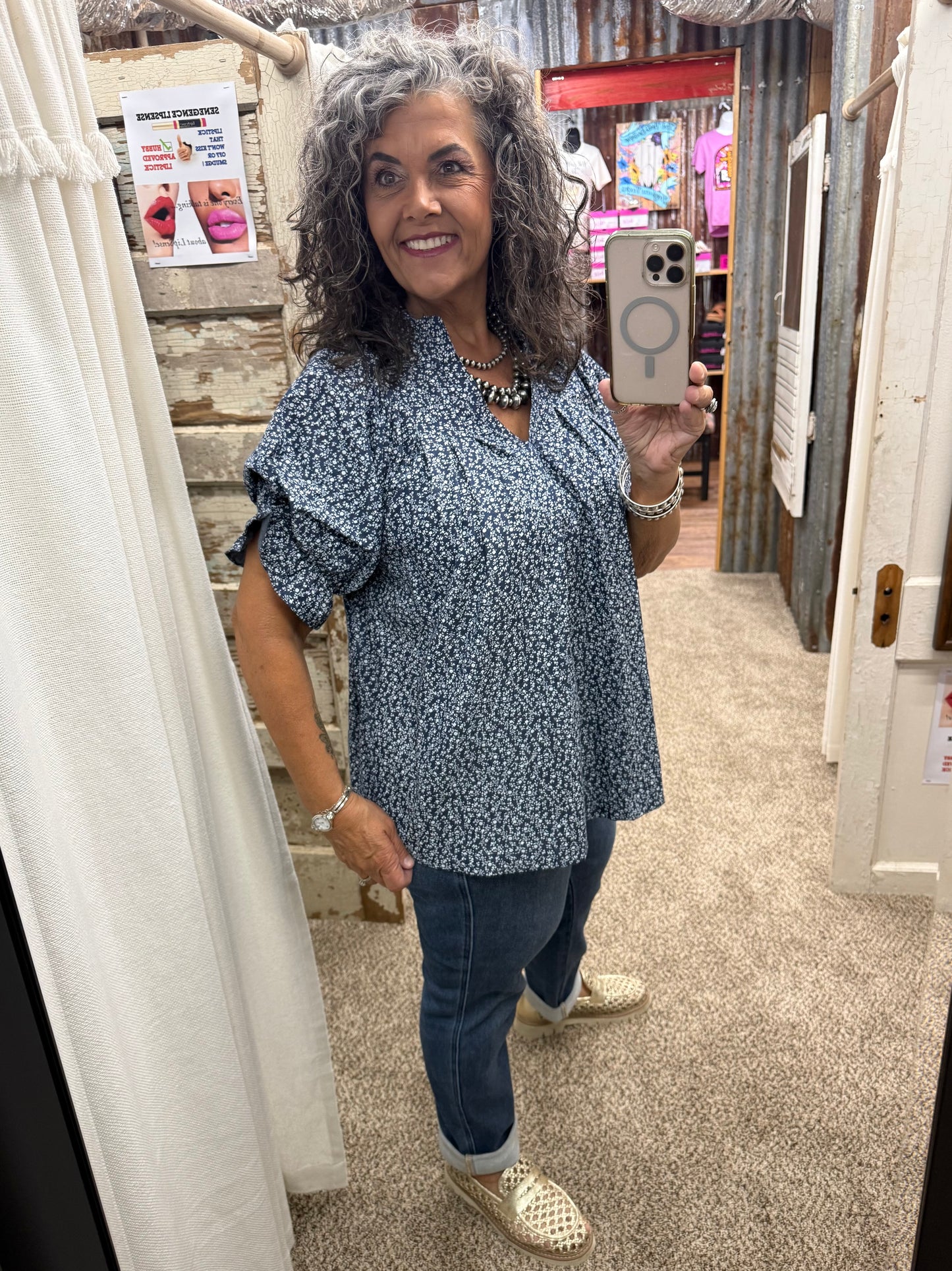 UMGEE Indigo Mini Floral Popover Puff Sleeve Top