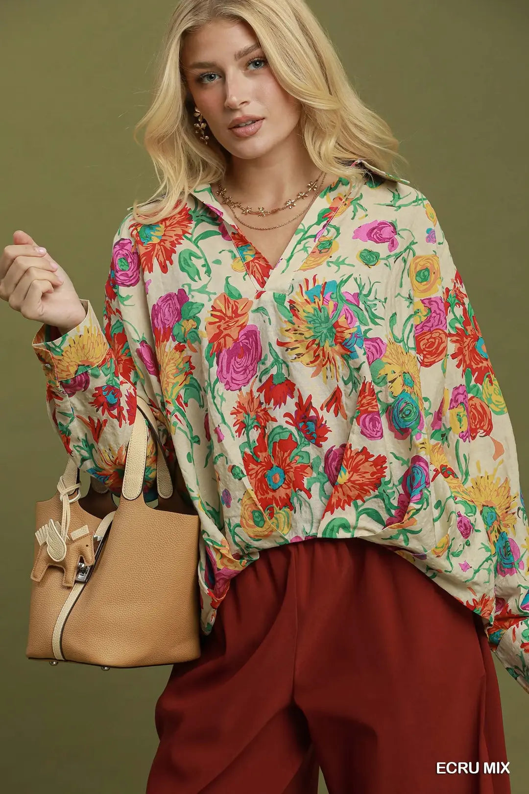 UMGEE Ecru Floral Print Surplice Long Sleeve Blouse