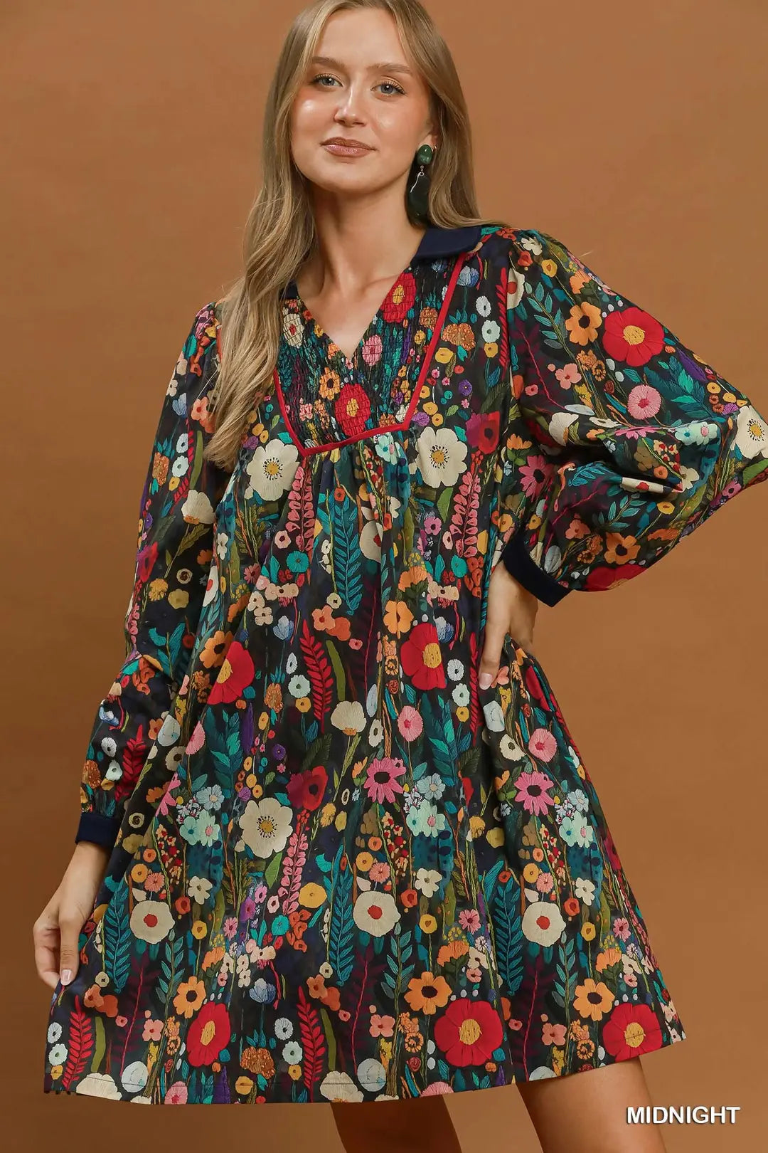 UMGEE MIdnight Floral Print Smocked Yoke Babydoll Dress