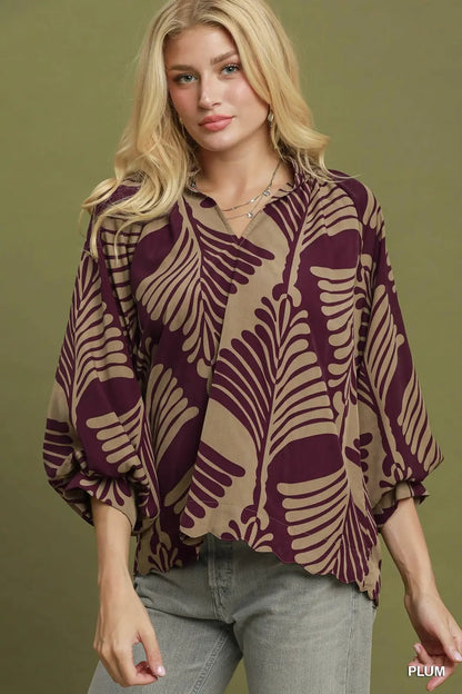 UMGEE Plum Abstract Leaf Print V-Neck Balloon Sleeve Blouse