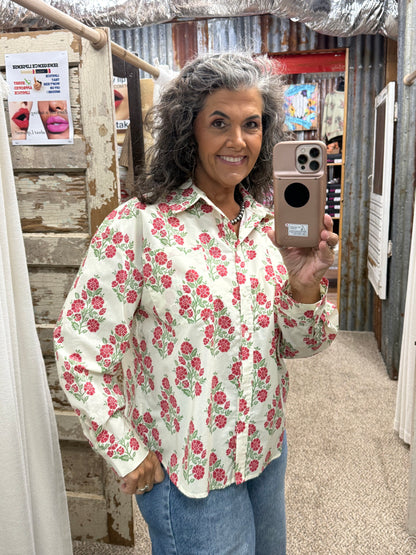 BIBI FLORAL PRINTED BUTTON DOWN CREAM/RED SHIRTS
