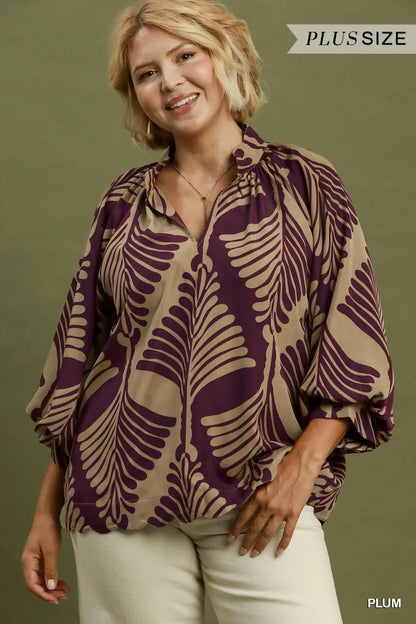 UMGEE Plum Abstract Leaf Print V-Neck Balloon Sleeve Blouse