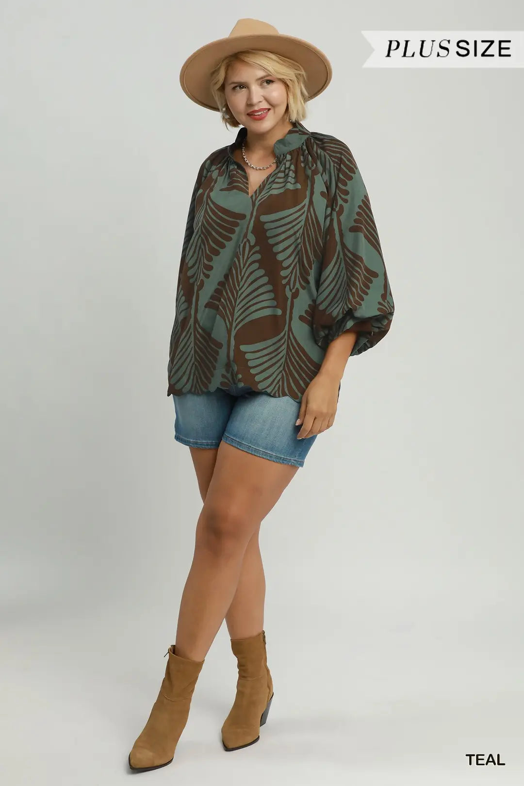 UMGEE Teal Abstract Leaf Print V-Neck Balloon Sleeve Blouse