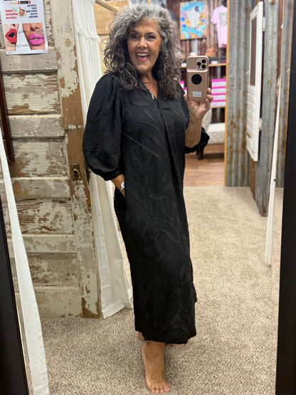 Umgee Black Jacquard Collared Midi Dress