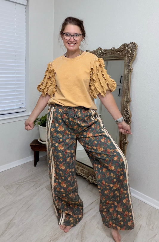 WASHED FLORAL DENIM SIDE LACE TRIM ELASTIC PANTS