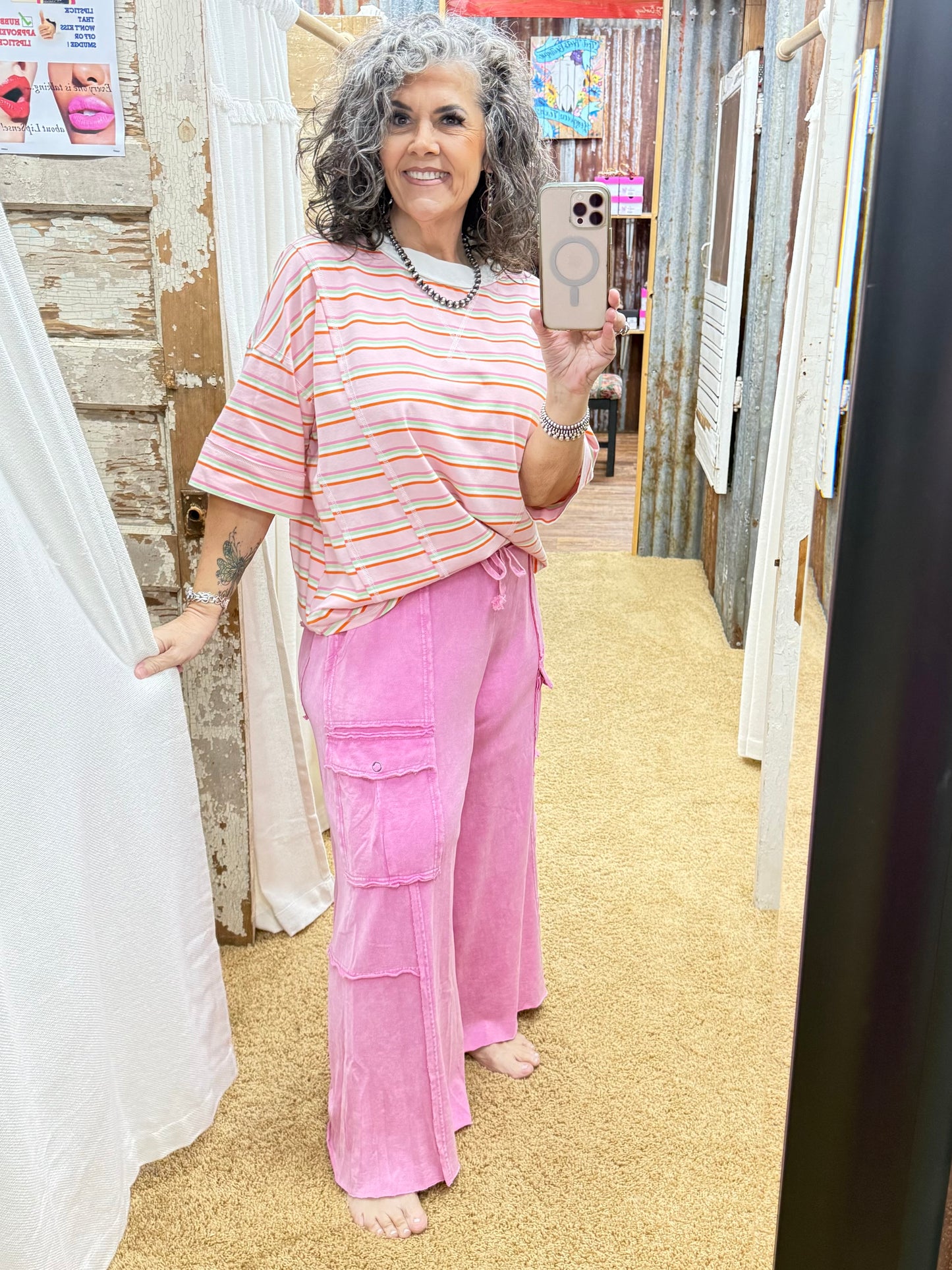 Striped Oversized Short Sleeve Knit Top: PINK COMBO
