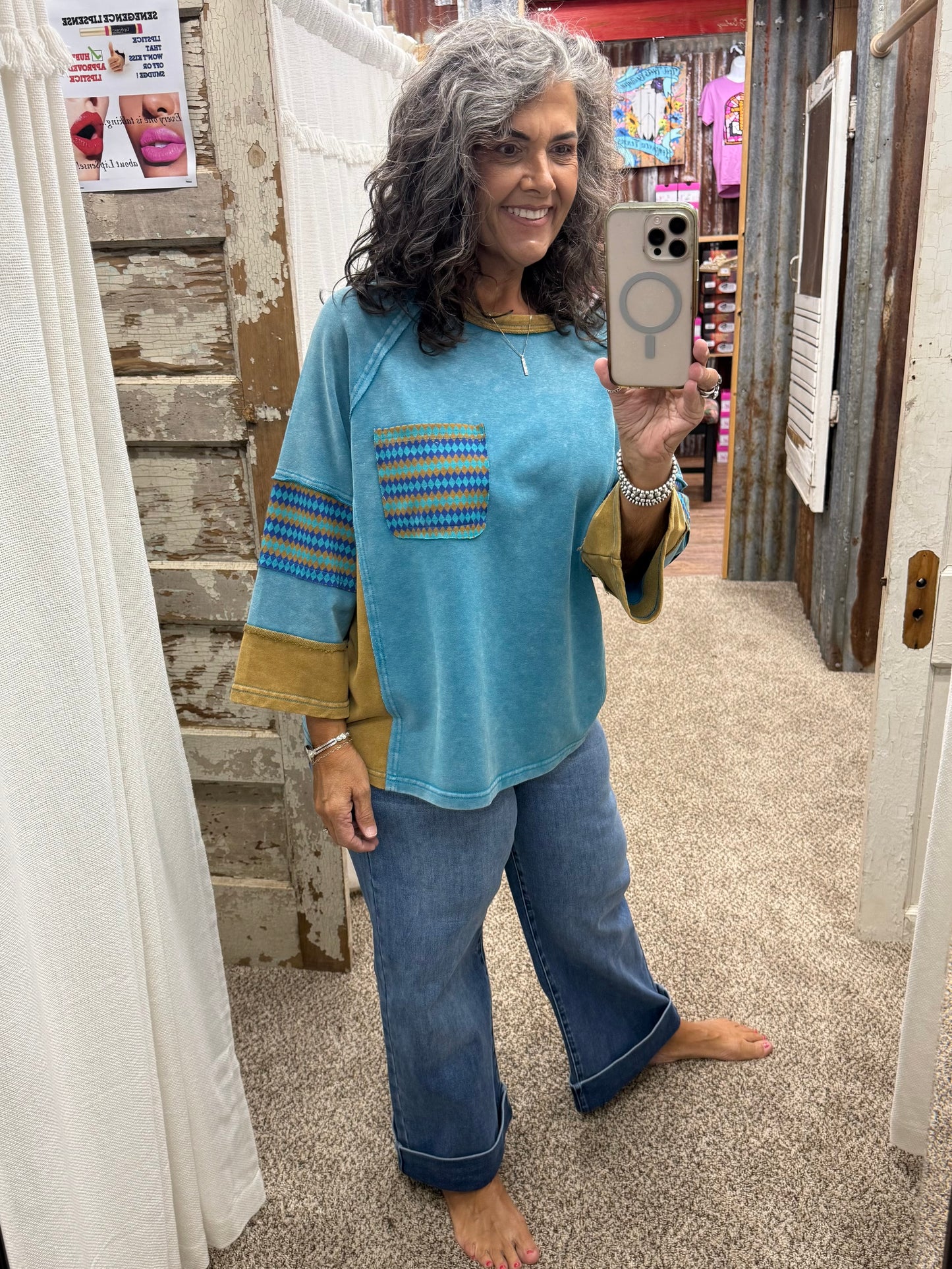 Faded Teal ETHNIC PRINT MIX WASHED TERRY BOXY TOP