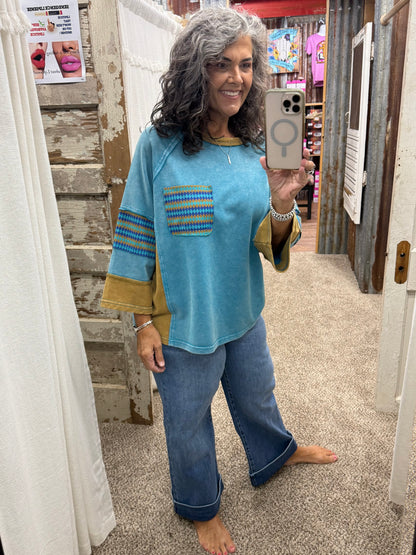 Faded Teal ETHNIC PRINT MIX WASHED TERRY BOXY TOP