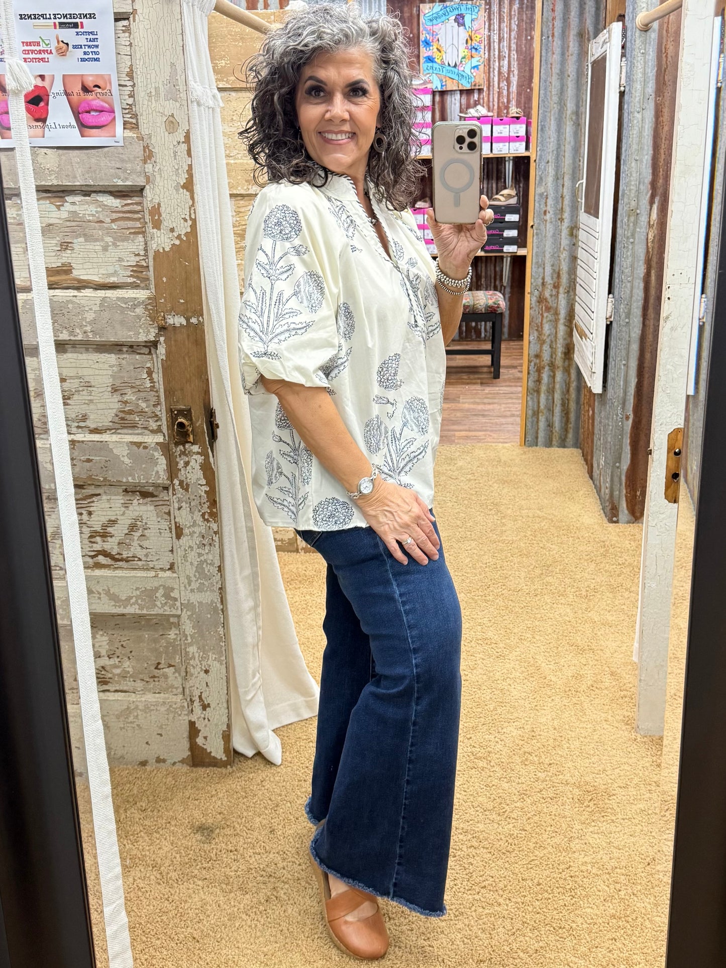 UMGEE Ecru/Black Floral Print V-Neck Top