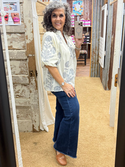 UMGEE Ecru/Black Floral Print V-Neck Top