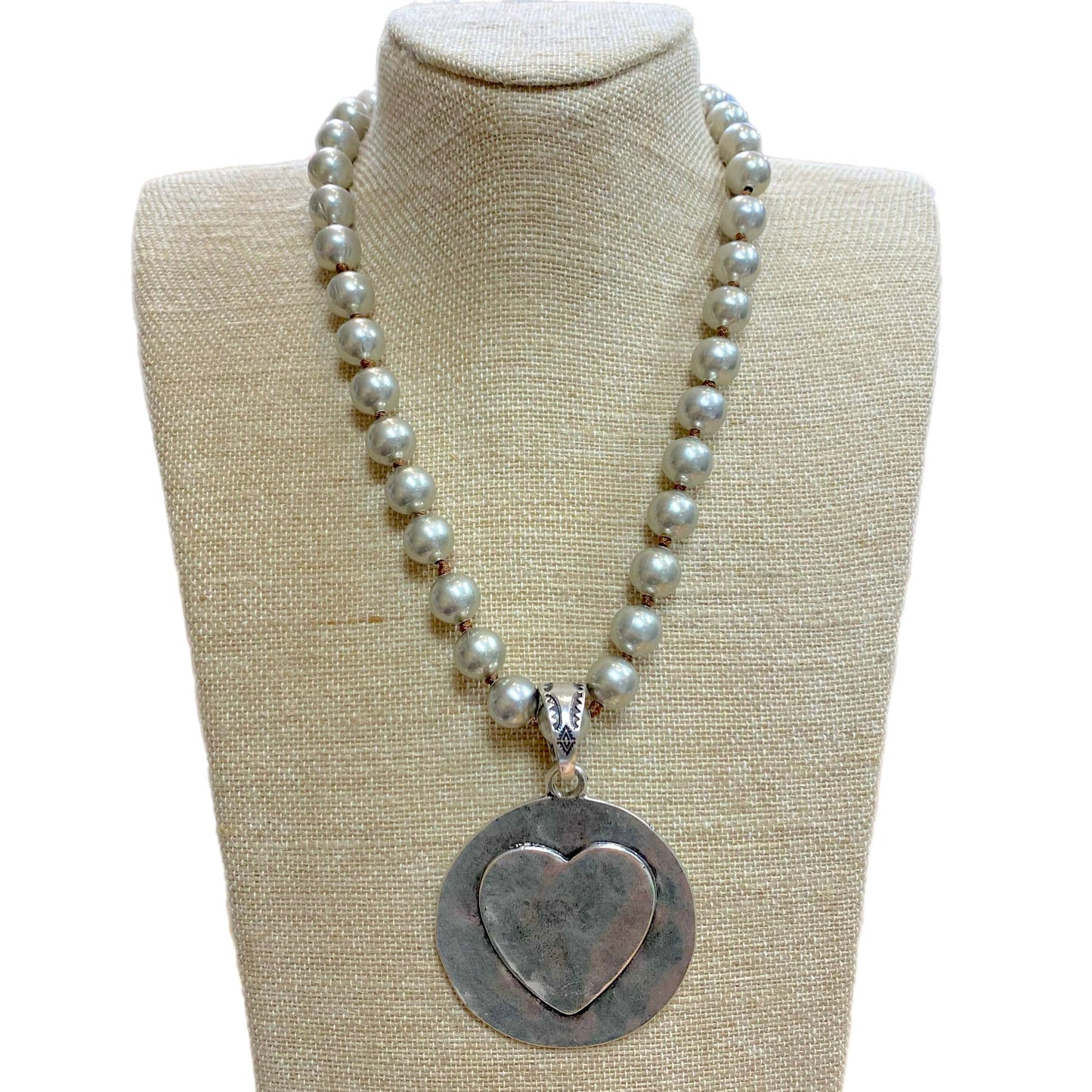 Heart Coin Pendant on 12mm Faux Navajo Pearl Necklace