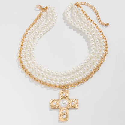MULTI WRAP PEARL BEADED CROSS CHARM NECKLACE | 40NK9599: GOLD