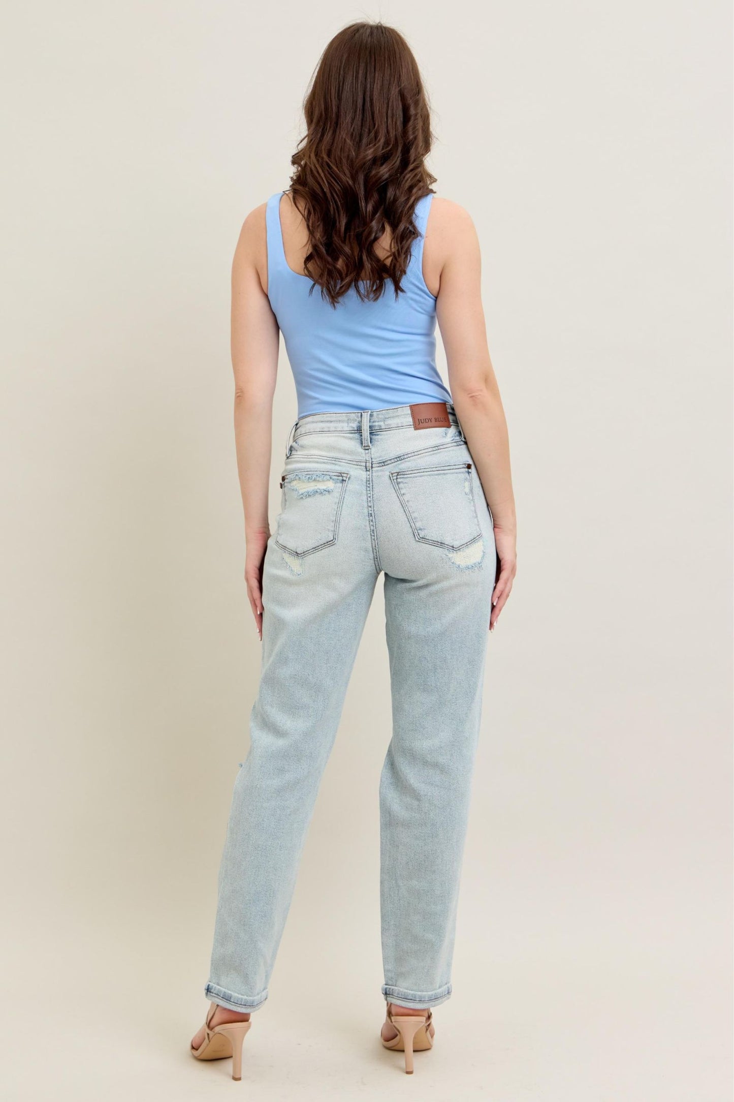 Judy Blue Mid Rise Repair Stitch Detail Destroy Single Cuff Boyfriend Jean 88972