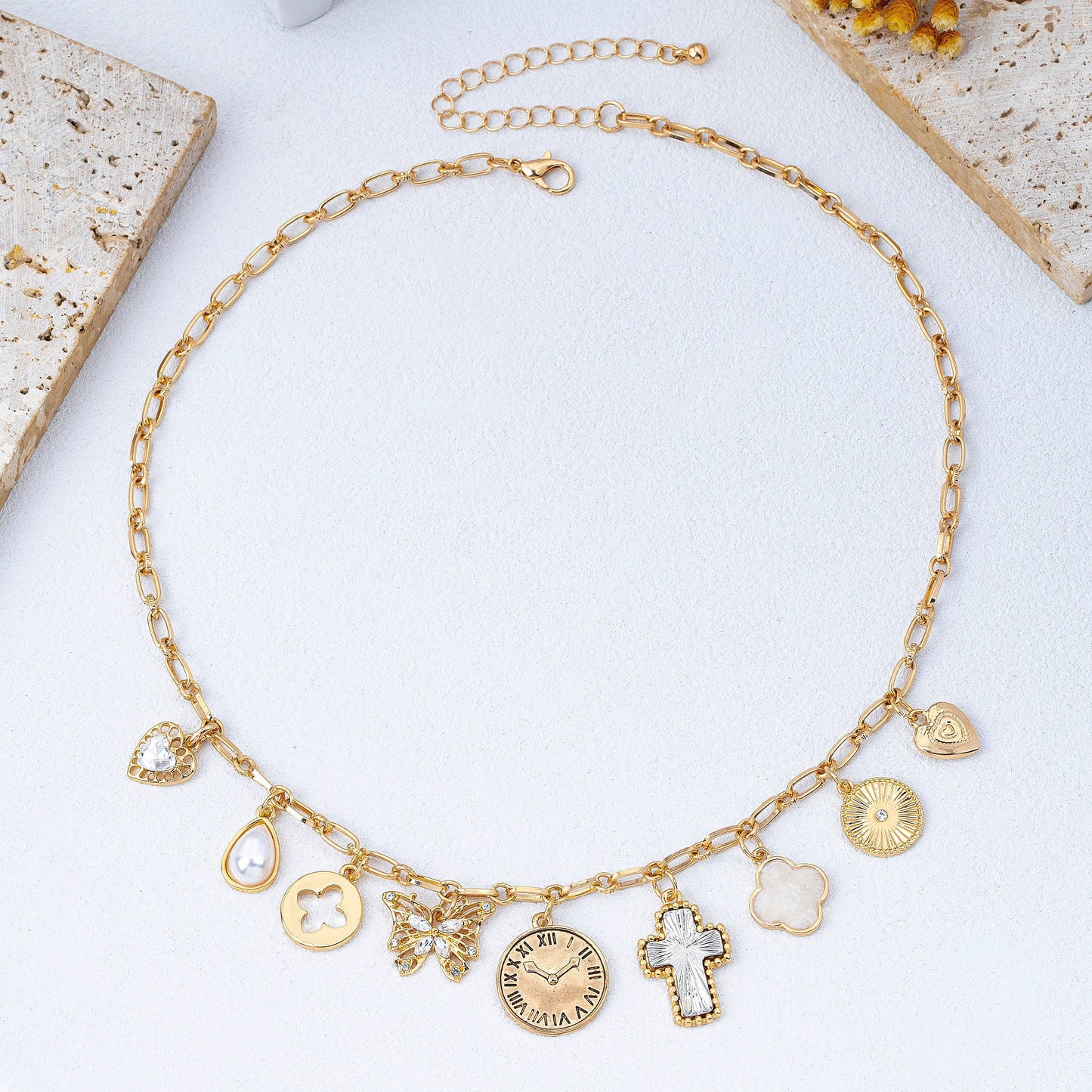 Eclectic Celestial & Vintage Charm Necklace | 80N93123: Gold