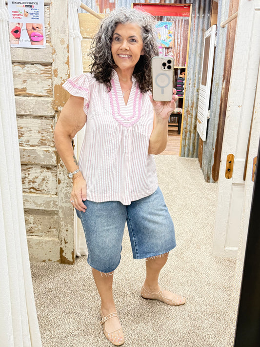UMGEE Pink Striped Flutter Sleeve Top