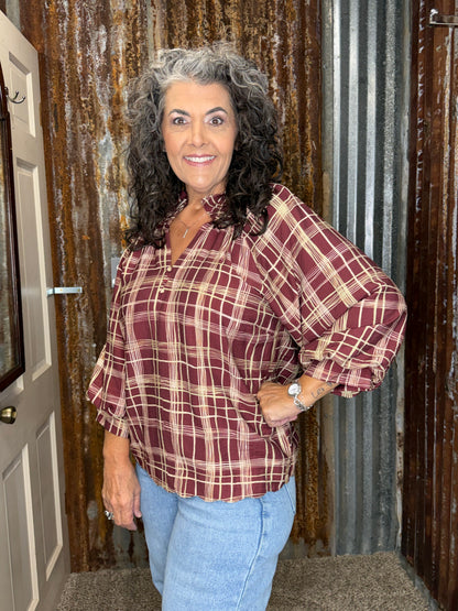 UMGEE Burgundy Plaid Print Relaxed Collared Blouse
