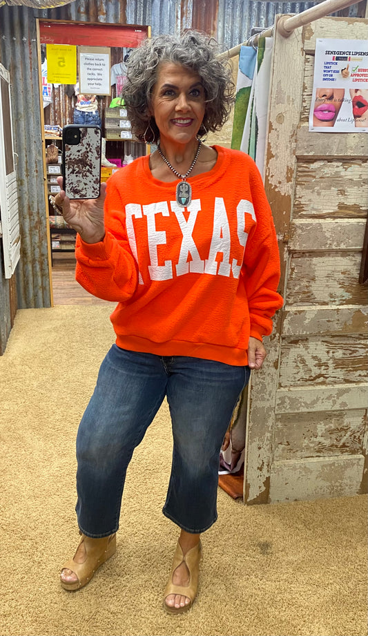 TEXAS Graphic Print Fuzzy Orange Fleece Sweatshirt